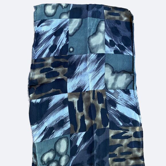 Vintage ECHO Silk Scarf Long Rectangle Animal Print Patchwork Logo Blue Sheer - Picture 3 of 5